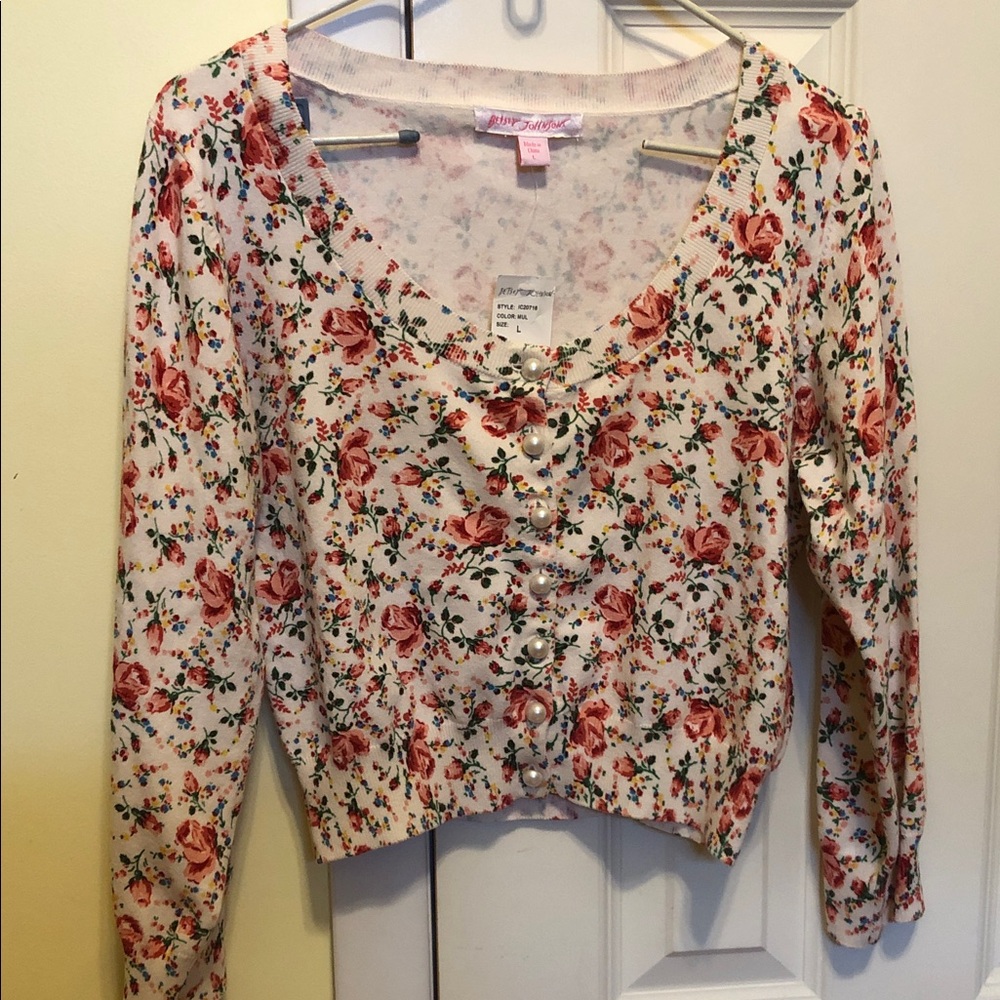 Betsey Johnson Y2K Vintage NWT Pink Rose Pearl-Button Cropped Cardigan